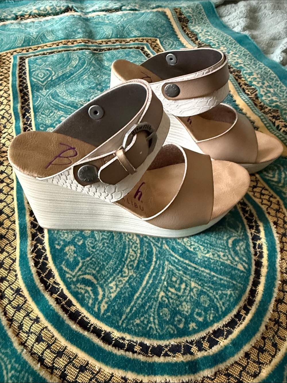 Blowfish Taupe and Light Taupe Double Strap Wedge Sandals